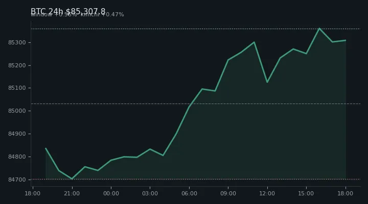 비트코인(BTC) 최근 24시간 USD 추세 — $85,307.8·창 +0.56%·김치 +0.47%·고 $85,459.5·저 $84,538.5