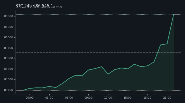 비트코인(BTC) 최근 24시간 USD 추세 — $86,545.1·창 +2.13%·김치 +0.20%·고 $86,667.1·저 $84,706.5