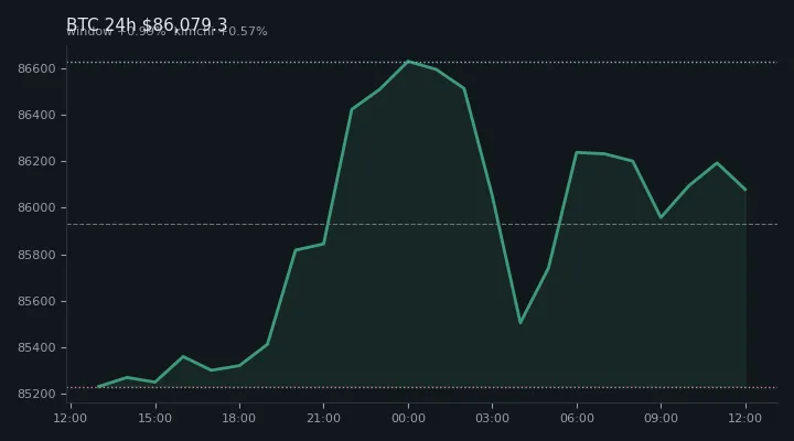 비트코인(BTC) 최근 24시간 USD 추세 — $86,079.3·창 +0.99%·김치 +0.57%·고 $86,973.6·저 $85,100.0