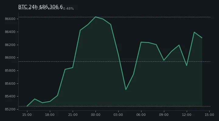 비트코인(BTC) 최근 24시간 USD 추세 — $86,306.6·창 +1.24%·김치 +0.48%·고 $86,973.6·저 $85,166.0
