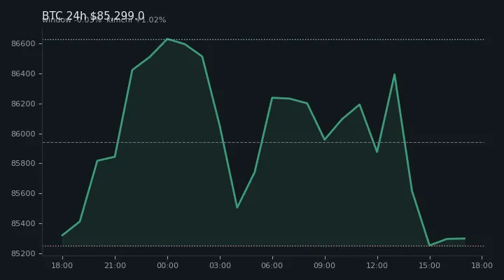 비트코인(BTC) 최근 24시간 USD 추세 — $85,299.0·창 -0.03%·김치 +1.02%·고 $86,973.6·저 $84,965.7