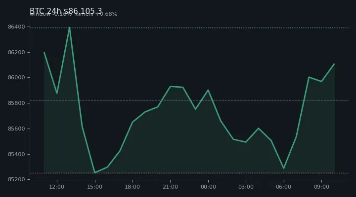 비트코인(BTC) 최근 24시간 USD 추세 — $86,105.3·창 -0.10%·김치 +0.68%·고 $86,701.8·저 $84,965.7