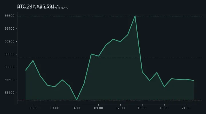 비트코인(BTC) 최근 24시간 USD 추세 — $85,591.4·창 -0.19%·김치 +0.82%·고 $86,683.4·저 $85,110.1