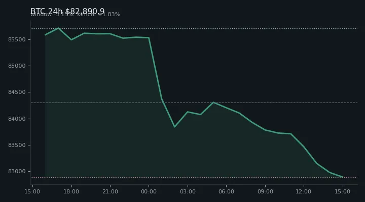 비트코인(BTC) 최근 24시간 USD 추세 — $82,890.9·창 -3.15%·김치 +1.83%·고 $85,836.1·저 $82,720.3