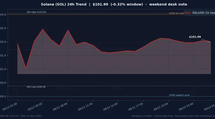솔라나(SOL) 최근 24시간 USD 추세 — 메이저 대비 약세·$100 지지·$103 저항·주말·FOMC 전야 시황·전망 차트