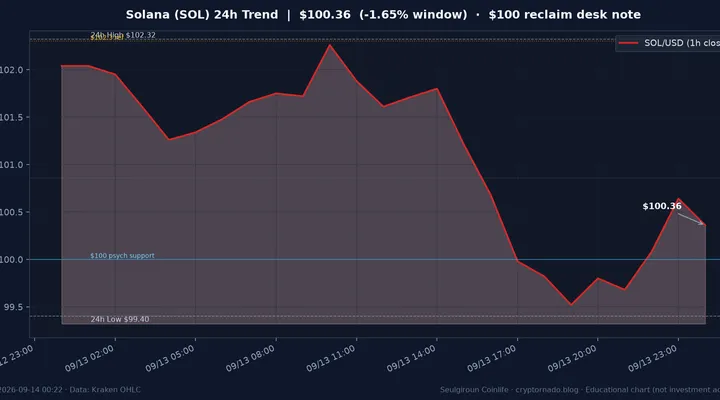솔라나(SOL) 최근 24시간 USD 추세 — $100 재탈환 공방·창 -1.6%·저점 $99.40·김치 ~+1.4%·월요 심야·FOMC 주간 시황·전망 차트