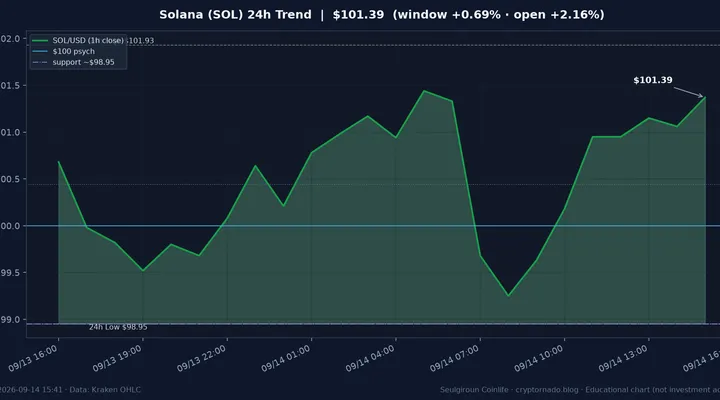 솔라나(SOL) 최근 24시간 USD 추세 — $101.39·$100 회복·창 +0.69%·김치 ~+1.01%·$98.95 지지·CLARITY·FOMC 전야·월요 오후 시황·전망 차트
