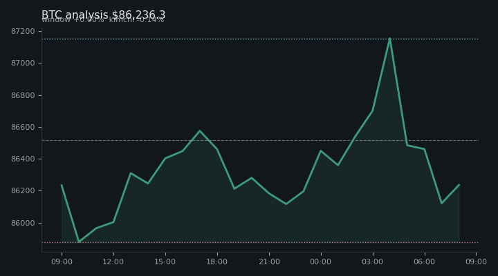 비트코인(BTC) 오후 전망 차트 — $86,236.3·창 +0.00%·김치 -0.14%