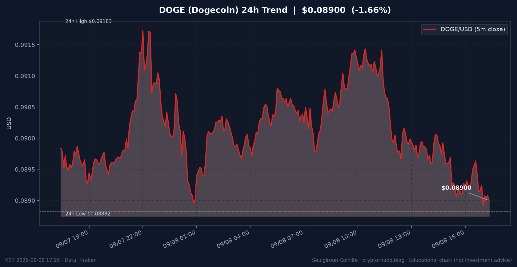 도지코인(DOGE) 최근 24시간 USD 가격 추세 차트 — 슬기로운 코인라이프 시황·전망