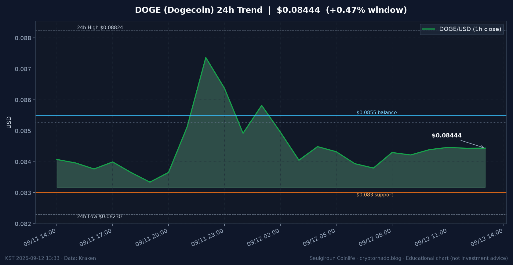 도지코인(DOGE) 최근 24시간 USD 추세 — 청산 잔파·중간대 소화 시황·전망 차트