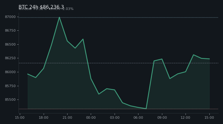 비트코인(BTC) 최근 24시간 USD 추세 — $86,236.3·창 +0.32%·김치 -2.03%·고 $87,446.7·저 $85,100.0