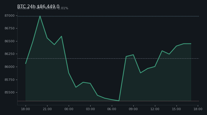 비트코인(BTC) 최근 24시간 USD 추세 — $86,449.0·창 +0.45%·김치 -2.01%·고 $87,446.7·저 $85,100.0
