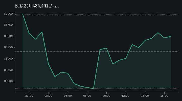 비트코인(BTC) 최근 24시간 USD 추세 — $86,491.7·창 -0.57%·김치 -2.33%·고 $87,446.7·저 $85,100.0