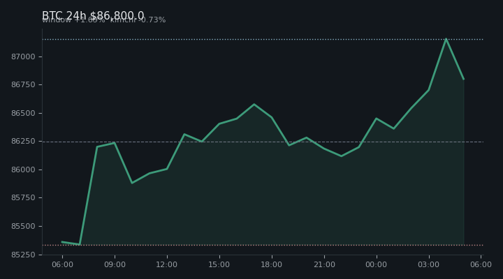 비트코인(BTC) 최근 24시간 USD 추세 — $86,800.0·창 +1.69%·김치 -0.73%·고 $87,274.4·저 $85,149.1
