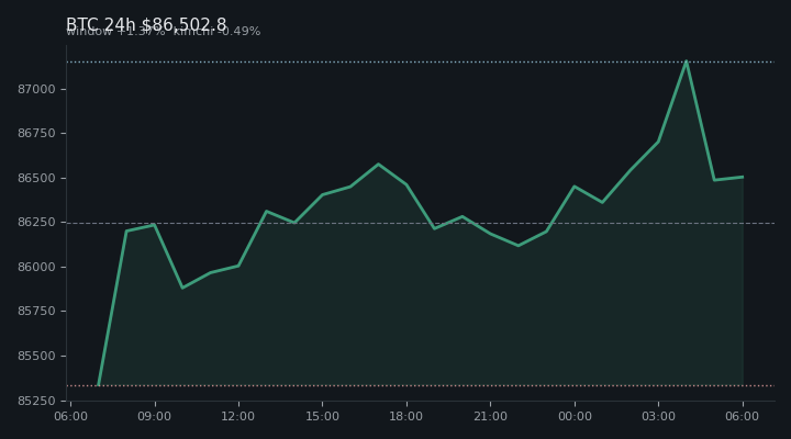 비트코인(BTC) 최근 24시간 USD 추세 — $86,502.8·창 +1.37%·김치 -0.49%·고 $87,274.4·저 $85,149.1