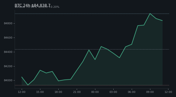 비트코인(BTC) 최근 24시간 USD 추세 — $84,838.7·창 +0.94%·김치 +0.20%·고 $85,104.0·저 $83,816.2
