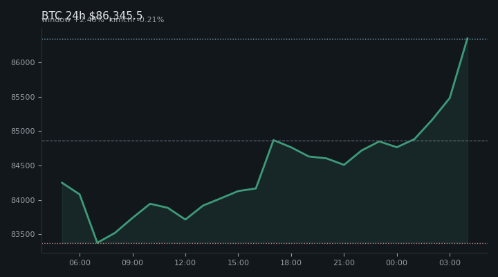비트코인(BTC) 최근 24시간 USD 추세 — $86,345.5·창 +2.49%·김치 -0.21%·고 $86,438.1·저 $83,124.8