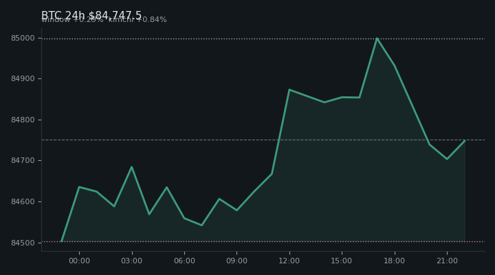 비트코인(BTC) 최근 24시간 USD 추세 — $84,747.5·창 +0.29%·김치 +0.84%·고 $85,025.9·저 $84,431.7