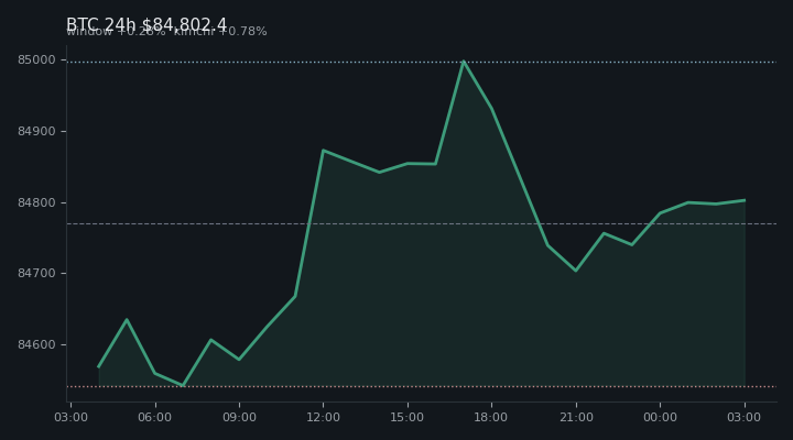 비트코인(BTC) 최근 24시간 USD 추세 — $84,802.4·창 +0.28%·김치 +0.78%·고 $85,025.9·저 $84,509.0
