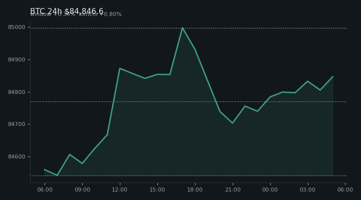 비트코인(BTC) 최근 24시간 USD 추세 — $84,846.6·창 +0.34%·김치 +0.80%·고 $85,025.9·저 $84,538.5