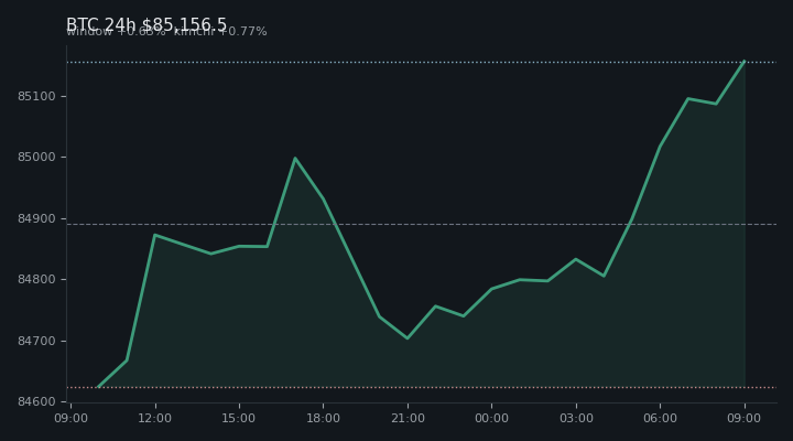 비트코인(BTC) 최근 24시간 USD 추세 — $85,156.5·창 +0.63%·김치 +0.77%·고 $85,185.8·저 $84,538.5