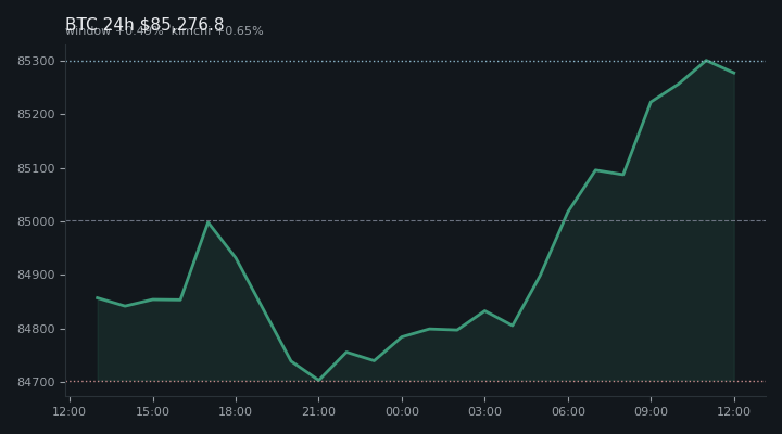 비트코인(BTC) 최근 24시간 USD 추세 — $85,276.8·창 +0.49%·김치 +0.65%·고 $85,406.8·저 $84,538.5