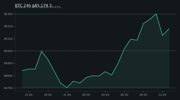 비트코인(BTC) 최근 24시간 USD 추세 — $85,179.3·창 +0.40%·김치 +0.63%·고 $85,406.8·저 $84,538.5