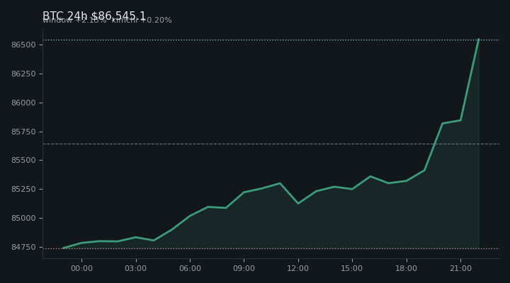 비트코인(BTC) 최근 24시간 USD 추세 — $86,545.1·창 +2.13%·김치 +0.20%·고 $86,667.1·저 $84,706.5