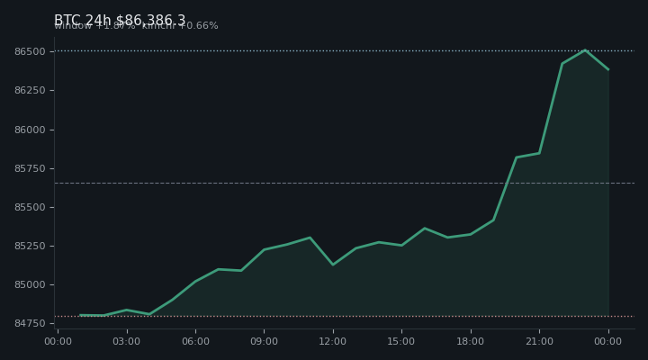 비트코인(BTC) 최근 24시간 USD 추세 — $86,386.3·창 +1.87%·김치 +0.66%·고 $86,778.1·저 $84,706.5