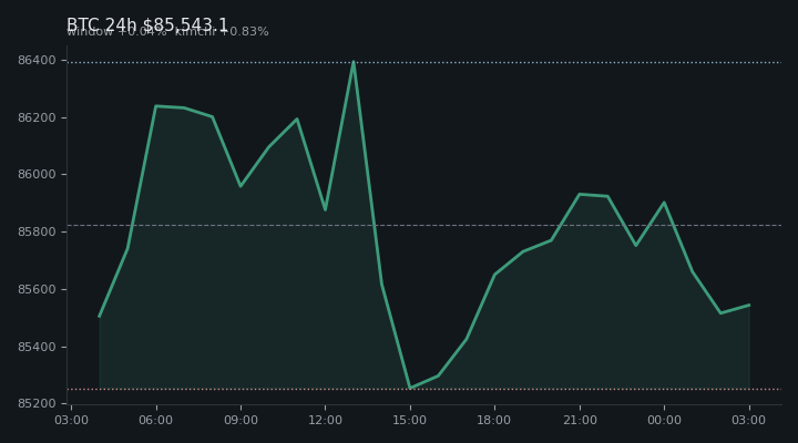 비트코인(BTC) 최근 24시간 USD 추세 — $85,543.1·창 +0.04%·김치 +0.83%·고 $86,701.8·저 $84,965.7