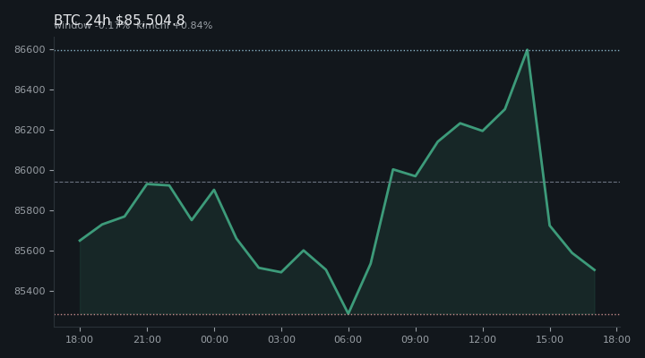 비트코인(BTC) 최근 24시간 USD 추세 — $85,504.8·창 -0.17%·김치 +0.84%·고 $86,683.4·저 $85,110.1