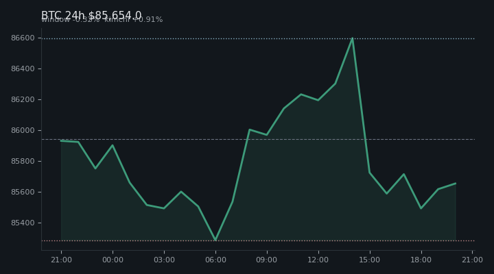 비트코인(BTC) 최근 24시간 USD 추세 — $85,654.0·창 -0.32%·김치 +0.91%·고 $86,683.4·저 $85,110.1
