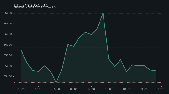 비트코인(BTC) 최근 24시간 USD 추세 — $85,508.5·창 -0.46%·김치 +0.91%·고 $86,683.4·저 $85,110.1